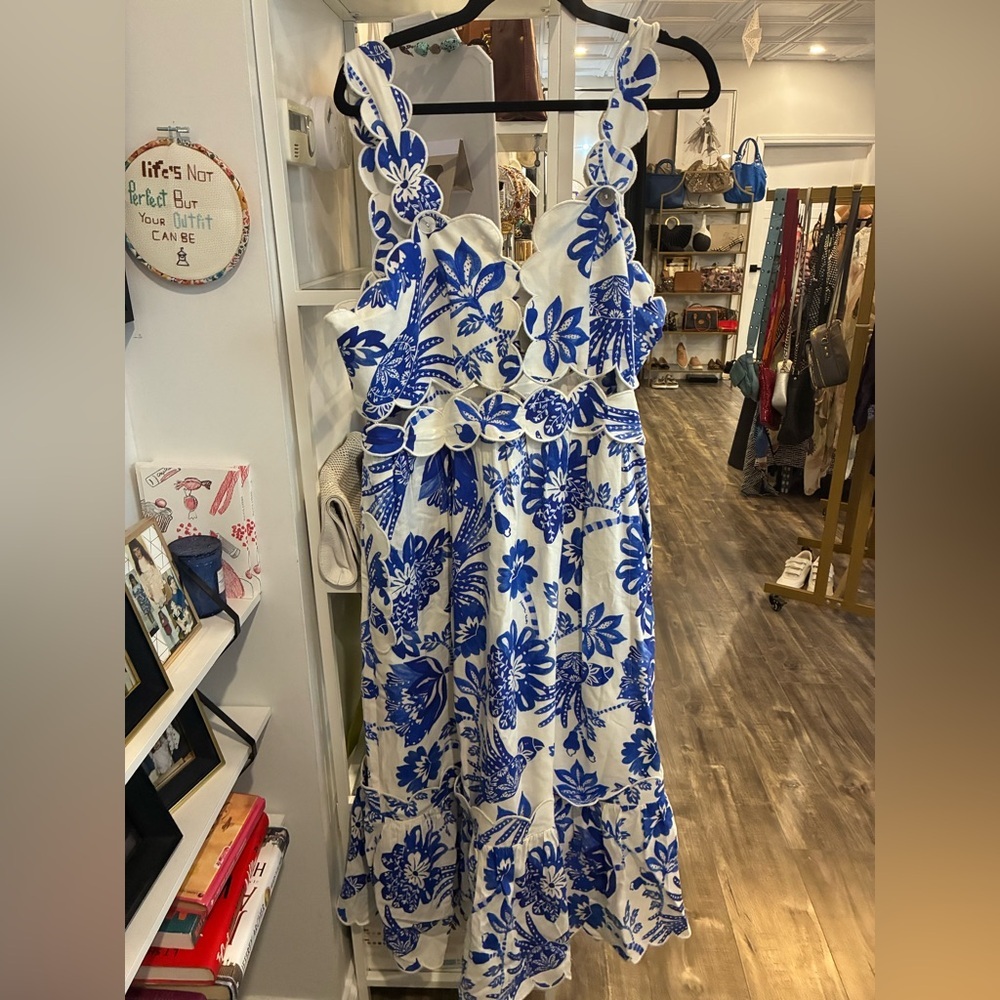 Farm Rio Flowerful Birds Cutout Midi Dress in a blue and white colorway size XL - Picture 2 of 5